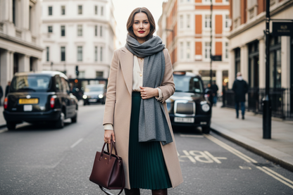 crie uma imagem de uma mulher londrina chique usando essa encharpe cinza